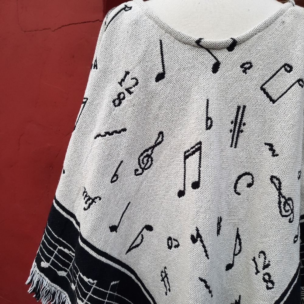 Vintage 90's Tapestry Blanket Throw Coat Poncho Cape Music Notes Fringe Novelty - Picture 9 of 13